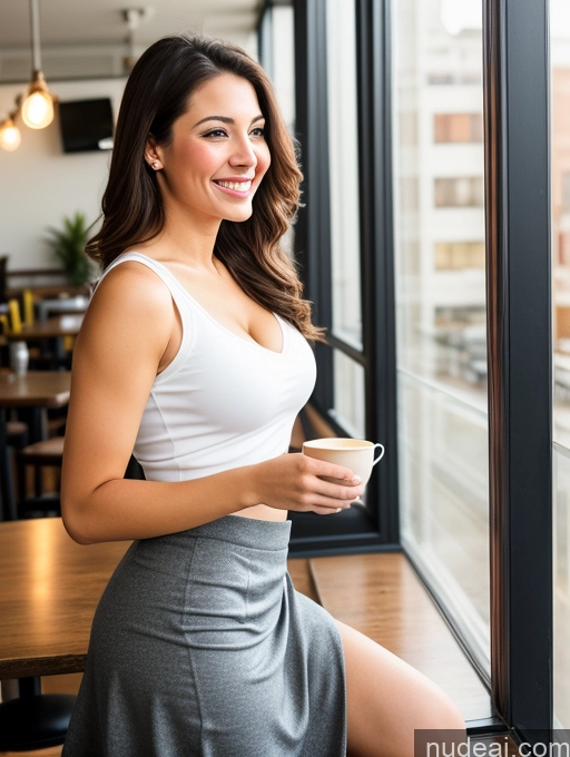 related ai porn images free for One Big Ass Happy White Woman Front View 20s Brunette Cleavage Casual Blouse Long Skirt Working Out Simple Film Photo Cafe