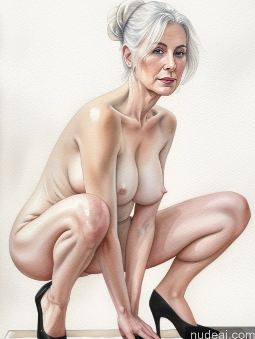 related ai porn images free for Nude High Heels Fairer Skin White Hair Hair Bun Squatting 60s Watercolor