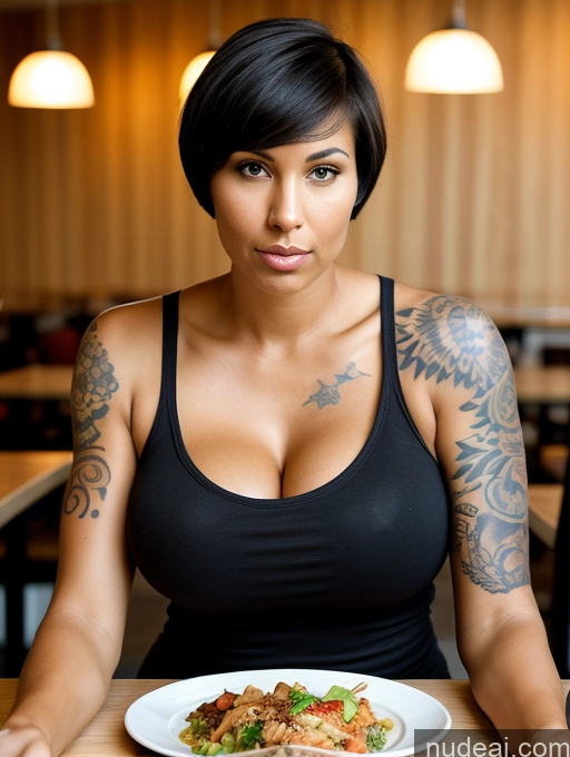 related ai porn images free for Two Woman Tank Top Jeans Black Hair Short Hair Restaurant Front View Cleavage Serious 30s Huge Boobs Tall Tanned Skin Tattoos Detailed Eating White
