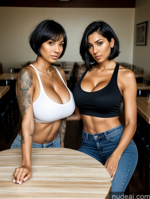 related ai porn images free for Two Woman Tank Top Jeans Black Hair Short Hair Restaurant Front View Cleavage Serious 30s Huge Boobs Tall Tanned Skin Tattoos Detailed White