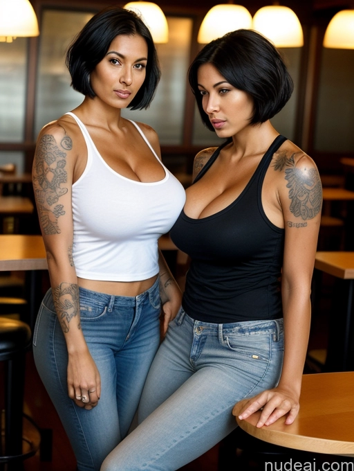 related ai porn images free for Two Woman Tank Top Jeans Black Hair Short Hair Restaurant Front View Cleavage Serious 30s Huge Boobs Tall Tanned Skin Tattoos Detailed White Bending Over