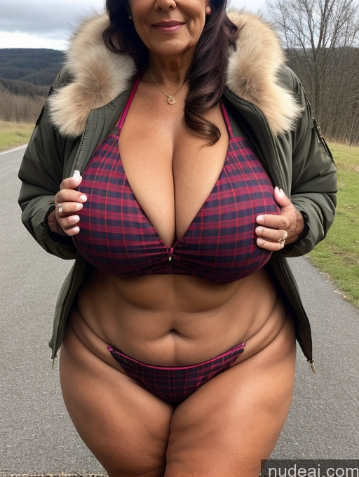 related ai porn images free for Milf One Busty Huge Boobs Thick Tanned Skin 70s Latina Front View Microkini Thong Lumberjack Parka