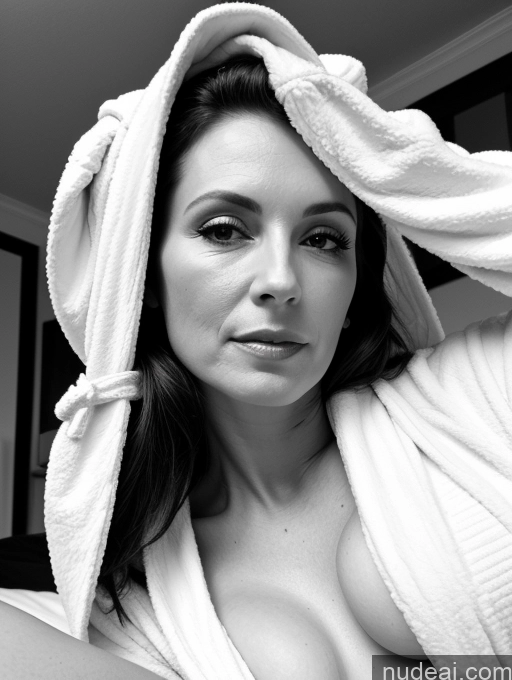 related ai porn images free for Milf One Small Tits Fairer Skin Seductive Brunette Straight British Black And White Bedroom Close-up View Bathrobe On Back 50s