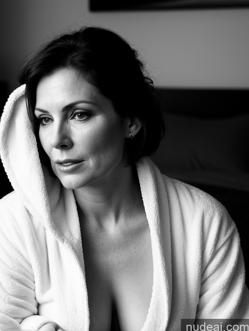 related ai porn images free for Milf One Small Tits Fairer Skin Brunette Straight British Black And White Bedroom Close-up View Bathrobe On Back 50s Shocked