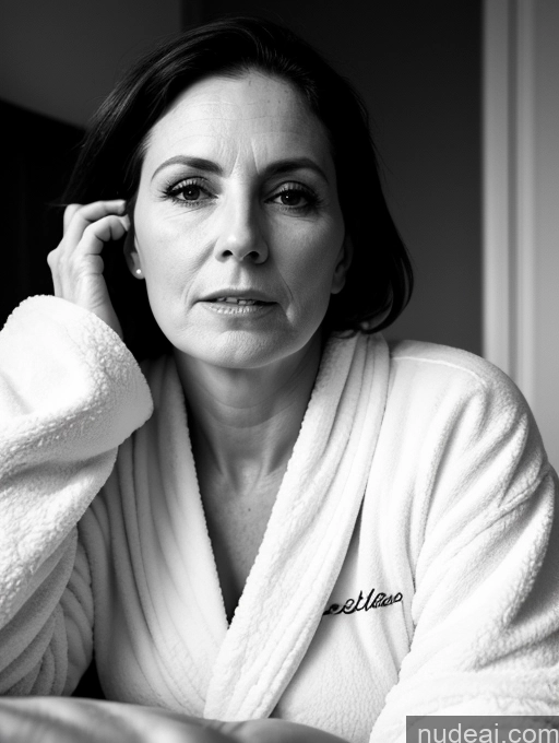 related ai porn images free for Milf One Small Tits Fairer Skin Brunette Straight British Black And White Bedroom Close-up View Bathrobe On Back 50s Shocked
