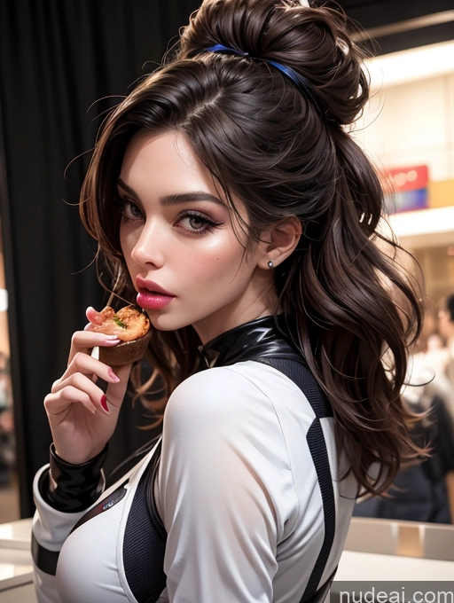 related ai porn images free for Pouting Lips Seductive Lipstick Tall Brunette 20s Messy Busty Small Ass Woman Eating Close-up View Mall Space Suit