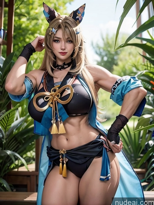 Huge Boobs Beautiful Muscular Abs Tall 30s Bikini Detailed Kirara: Genshin Impact Cosplayers Front Facing Full Body Bodybuilder Big Hips
