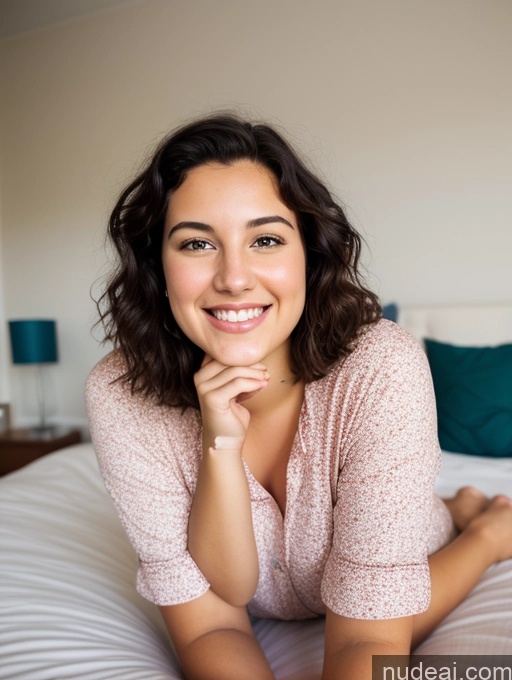 related ai porn images free for Woman One Beautiful Chubby 18 Black Hair Simple Messy Happy Bright Lighting White Bedroom Front View On Back Pajamas