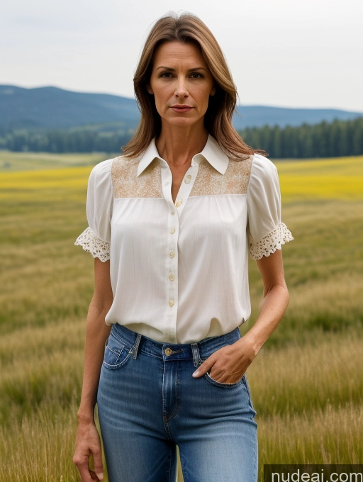 related ai porn images free for 50s Short Skinny Serious Brunette Slicked Czech Meadow Blouse Shirt Jeans Detailed