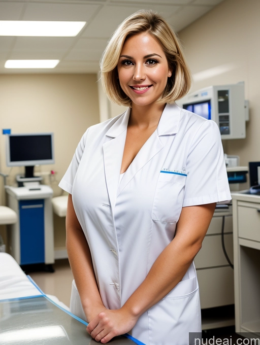related ai porn images free for Busty Huge Boobs 30s Happy Serious Blonde Bobcut Hospital Doctor Lab Coat Shirt Cleavage