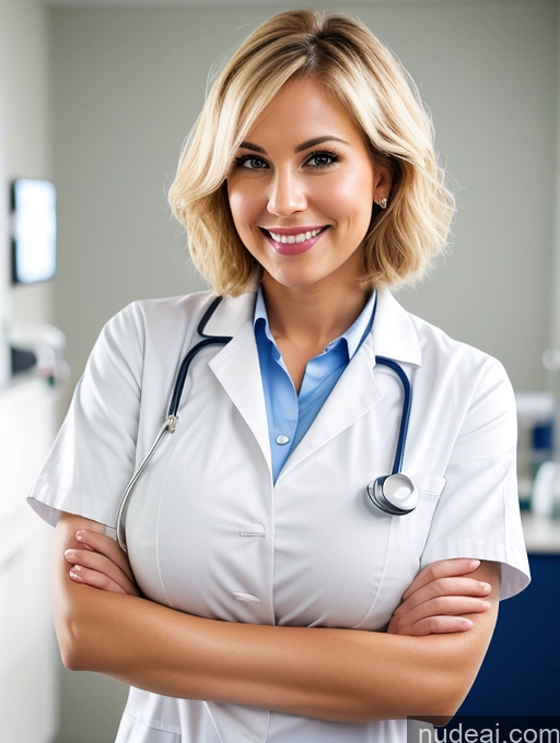 related ai porn images free for Busty Huge Boobs 30s Happy Serious Blonde Bobcut Hospital Doctor Lab Coat Shirt Cleavage