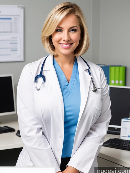 related ai porn images free for Busty Huge Boobs Happy Serious Blonde Bobcut Doctor Lab Coat Cleavage Office