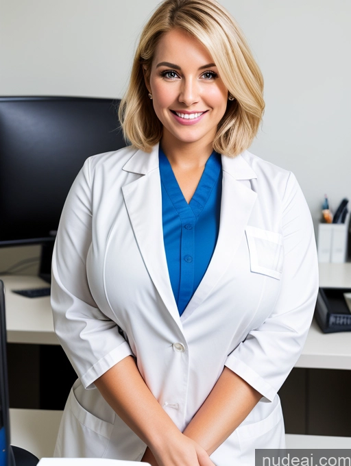 related ai porn images free for Busty Huge Boobs Happy Serious Blonde Bobcut Doctor Lab Coat Cleavage Office