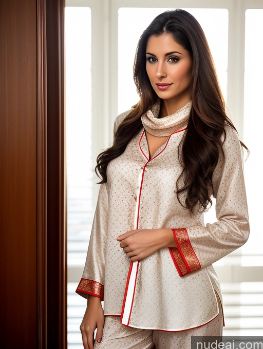 related ai porn images free for Woman One Perfect Body 20s Sexy Face Brunette Long Hair Indian Fairer Skin Soft + Warm Bedroom Front View Traditional Dark Lighting Pajamas Seductive Blouse Shirt Tunic Stylish Scarf