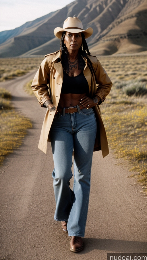 related ai porn images free for Muscular Abs Tattoos Dark Skin Milf Trench Coat Western Jeans Hat 50s Vintage Braided