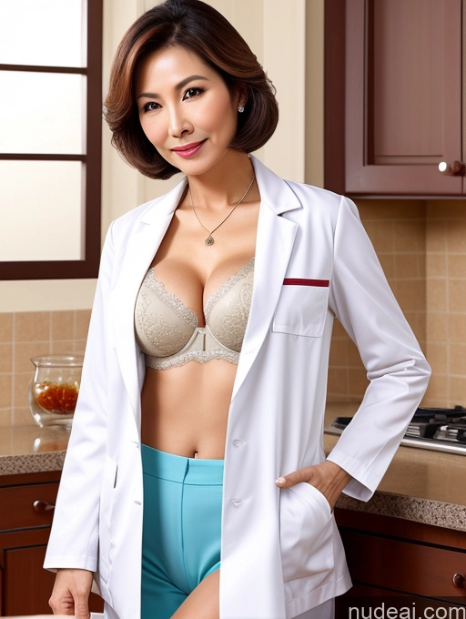 related ai porn images free for Milf Two Busty Perfect Boobs Beautiful Perfect Body 70s Bobcut Chinese Kitchen Bra Doctor Jacket Lab Coat Stylish Suit Cleavage Detailed Sexy Face