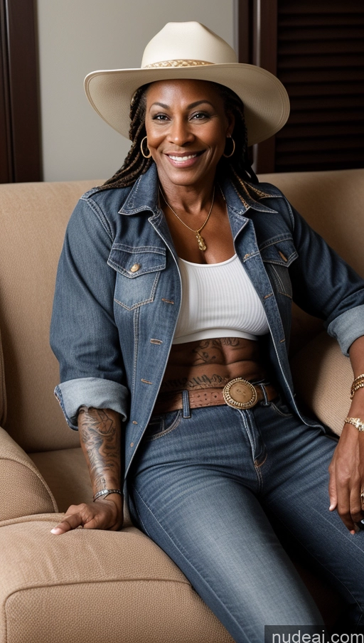 related ai porn images free for Muscular Abs Dark Skin Milf Western Trench Coat Tattoos Thick Braided Dark Lighting 60s Hat Jeans Nilotic 50s Couch Beer On Back Laughing