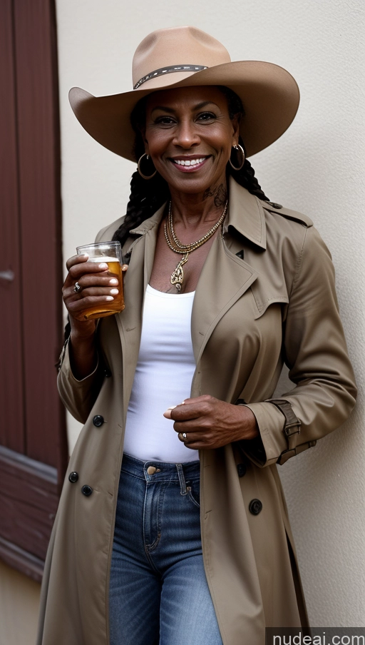 related ai porn images free for Muscular Abs Dark Skin Milf Western Trench Coat Tattoos Thick Braided Dark Lighting 60s Hat Jeans Nilotic Beer Laughing Front View 60s
