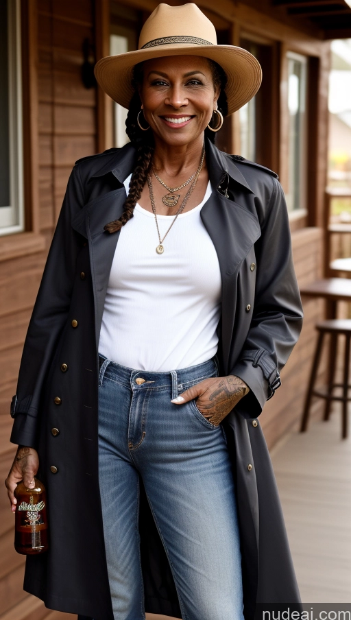 related ai porn images free for Muscular Abs Dark Skin Milf Western Trench Coat Tattoos Thick Braided Dark Lighting 60s Hat Jeans Nilotic Beer Laughing Front View 60s