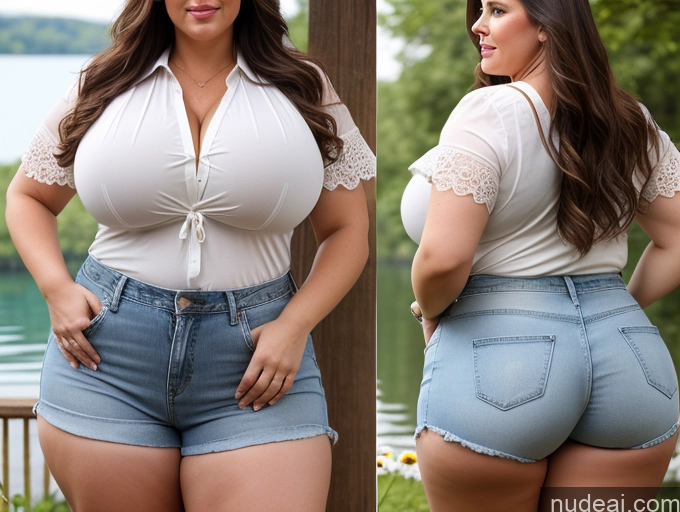 related ai porn images free for Woman Busty Huge Boobs Big Ass Thick Chubby Big Hips Long Hair 40s Brunette White Lake Front View Blouse Daisy Dukes