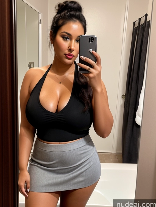 related ai porn images free for Woman One Chubby 30s Seductive Black Hair Hair Bun Indian Mirror Selfie Bathroom Mini Skirt