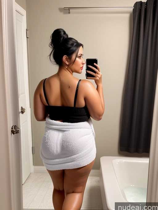 related ai porn images free for Woman One Chubby 30s Seductive Black Hair Hair Bun Indian Mirror Selfie Bathroom Towel