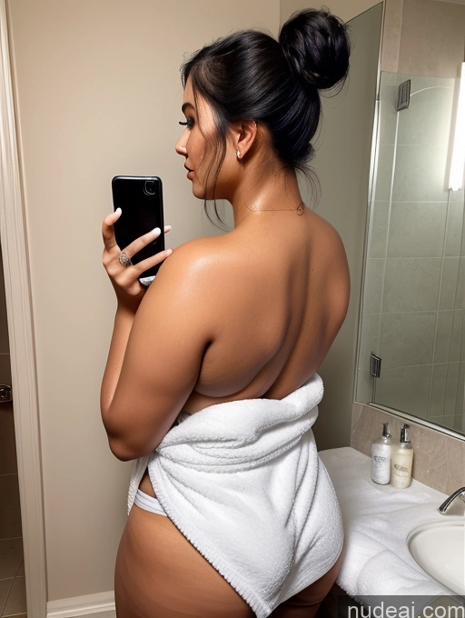 related ai porn images free for Woman One Chubby 30s Seductive Black Hair Hair Bun Indian Mirror Selfie Bathroom Towel