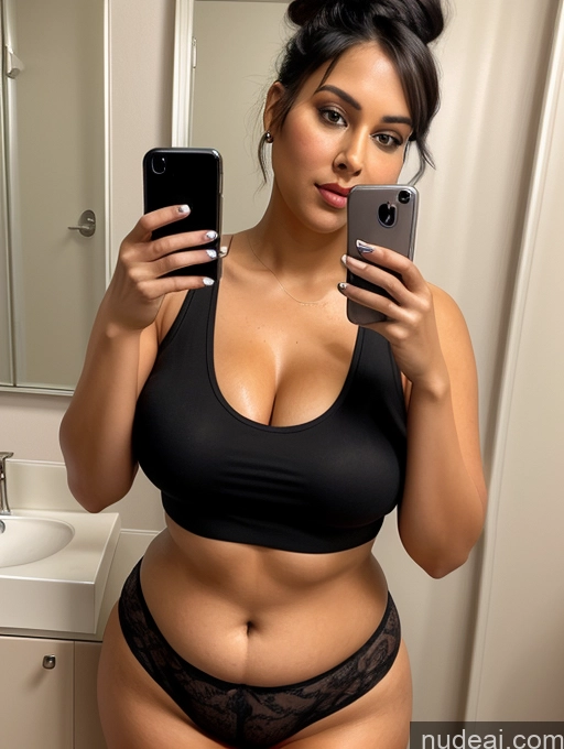 related ai porn images free for Woman One Chubby 30s Seductive Black Hair Hair Bun Indian Mirror Selfie Bathroom Tank Top Front View
