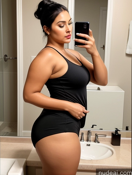 related ai porn images free for Woman One Chubby 30s Seductive Black Hair Hair Bun Indian Mirror Selfie Bathroom Tank Top Front View