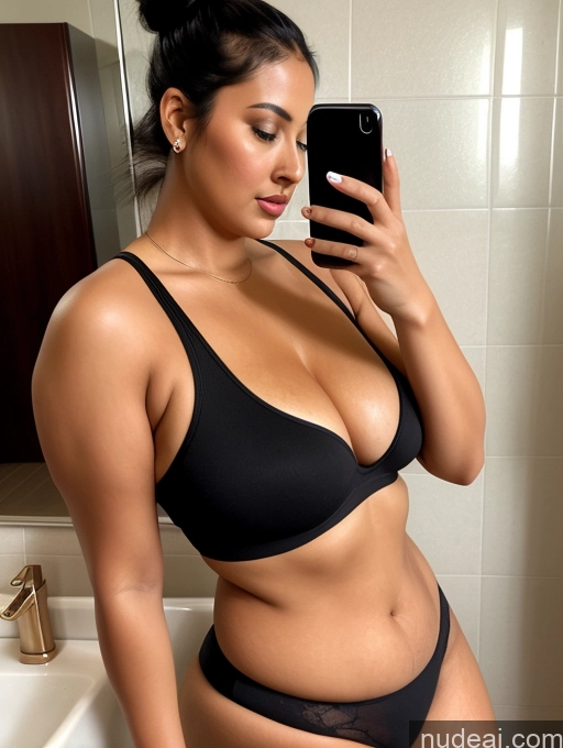 related ai porn images free for Woman One Chubby 30s Seductive Black Hair Hair Bun Indian Mirror Selfie Bathroom Tank Top Front View