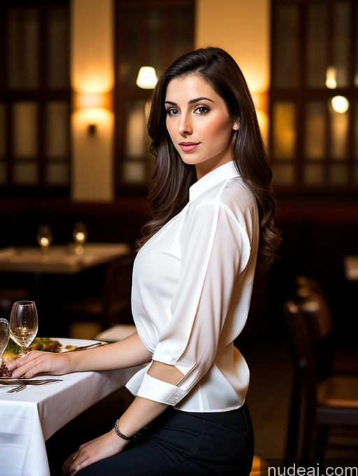related ai porn images free for Woman One Fairer Skin Perfect Body Skinny Thick Beautiful 20s Seductive Brunette Long Hair Indian Soft + Warm Restaurant Front View Casual Blouse Traditional Stylish Dark Lighting