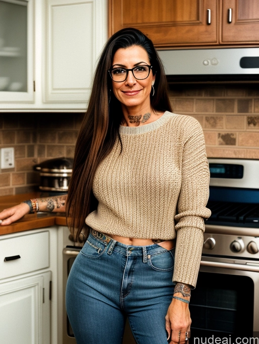 related ai porn images free for Woman Tattoos Glasses 50s Brunette Long Hair Italian Kitchen Front View Sweater Jeans High Socks 80s