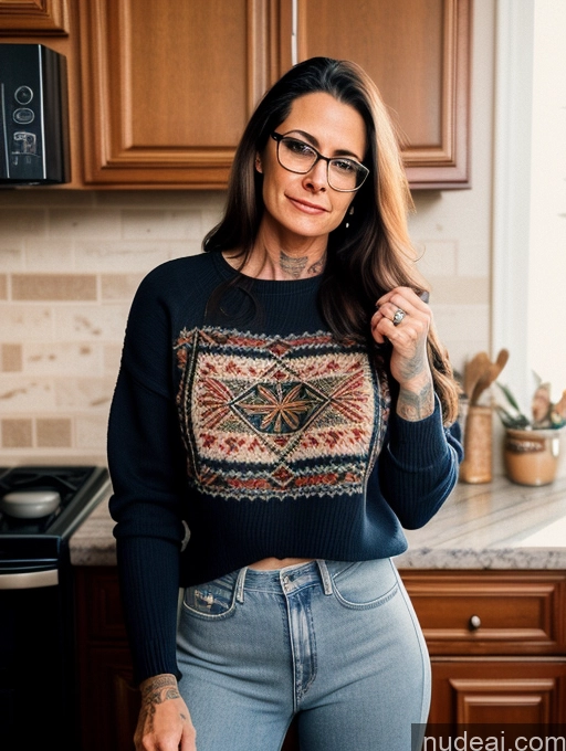 related ai porn images free for Woman Tattoos Glasses 50s Brunette Long Hair Italian Kitchen Front View Sweater Jeans High Socks 80s