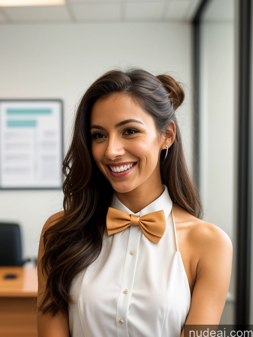 related ai porn images free for Woman One Skinny 20s Laughing Brunette Hair Bun Brazilian Office Front View Film Photo Bow Tie Suit Bright Lighting Detailed