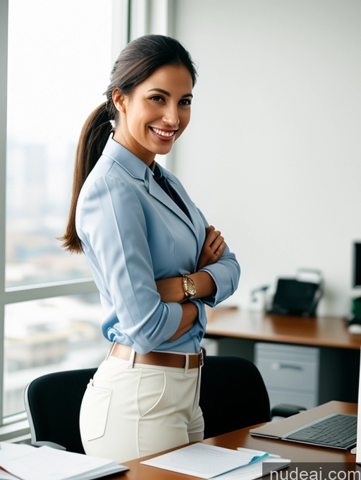 related ai porn images free for Woman One Skinny 20s Happy Brunette Brazilian Film Photo Office Front View Bright Lighting Detailed Suit Ponytail