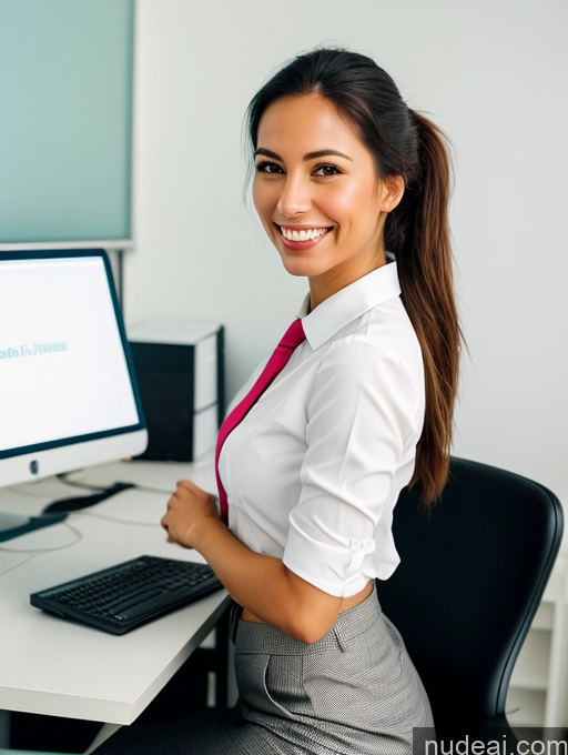 related ai porn images free for Woman One Skinny 20s Happy Brunette Brazilian Film Photo Office Front View Bright Lighting Detailed Suit Ponytail