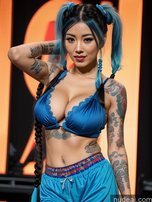 related ai porn images free for Biting Lip Chinese Cosplay Several Perfect Boobs Tattoos Pubic Hair Blue Hair Pigtails Stage Harem Pants Cleavage