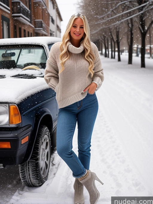 related ai porn images free for Woman 20s Blonde Long Hair Italian Snow Front View 80s Sweater Jeans High Socks High Heels