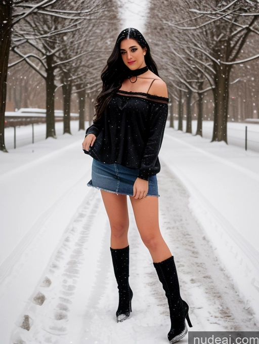 related ai porn images free for Woman 20s Black Hair Long Hair Italian Snow Front View 80s Chemise Choker Jeans High Socks High Heels