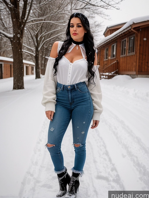 related ai porn images free for Woman 20s Black Hair Long Hair Italian Snow Front View 80s Chemise Choker Jeans High Socks High Heels