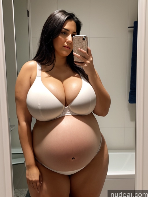 related ai porn images free for Huge Boobs Thick Chubby Short Pregnant Black Hair Serious White Bathroom Mirror Selfie Front View Bra Cleavage Detailed
