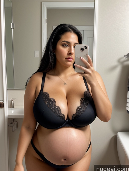 related ai porn images free for Huge Boobs Thick Chubby Short Pregnant Black Hair Serious White Bathroom Mirror Selfie Front View Bra Cleavage Detailed