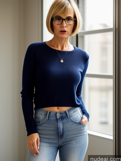 related ai porn images free for Short Small Tits Glasses Blonde Short Hair Angry Serious Czech Jeans Sweater Blouse Transparent Detailed Changing Room 60s