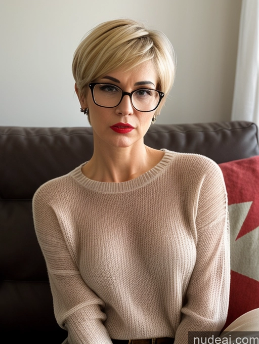 related ai porn images free for Short Small Tits Glasses Blonde Short Hair Angry Serious Czech Jeans Sweater Blouse Transparent Detailed 60s Couch Lipstick