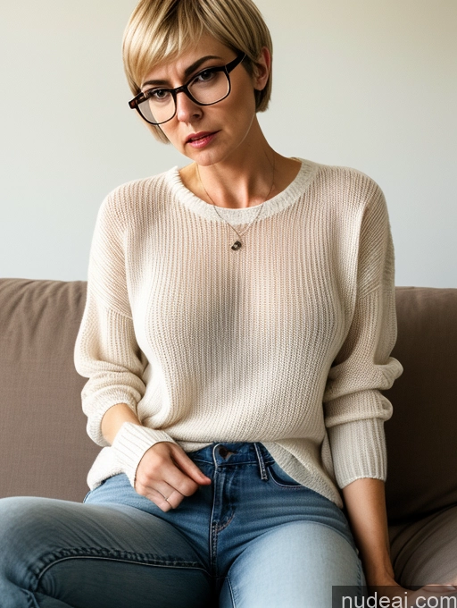related ai porn images free for Short Small Tits Glasses Blonde Short Hair Angry Serious Czech Jeans Sweater Blouse Transparent Detailed 60s Couch On Back