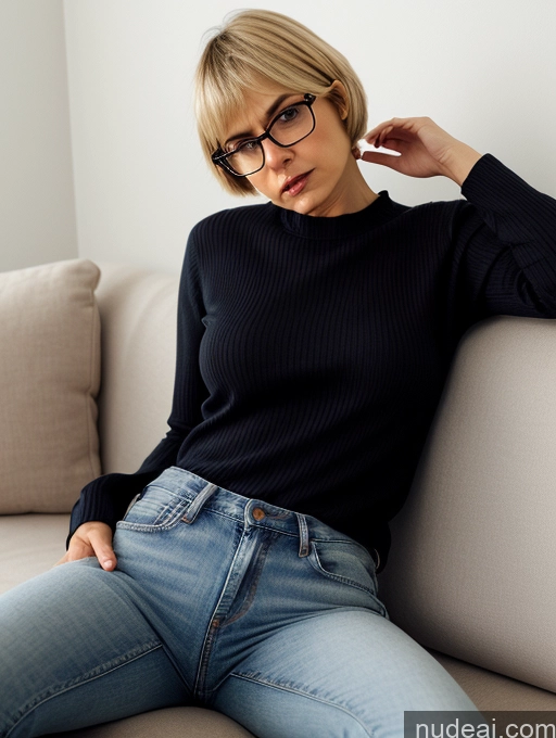 related ai porn images free for Short Small Tits Glasses Blonde Short Hair Angry Serious Czech Jeans Sweater Blouse Transparent Detailed 60s Couch On Back