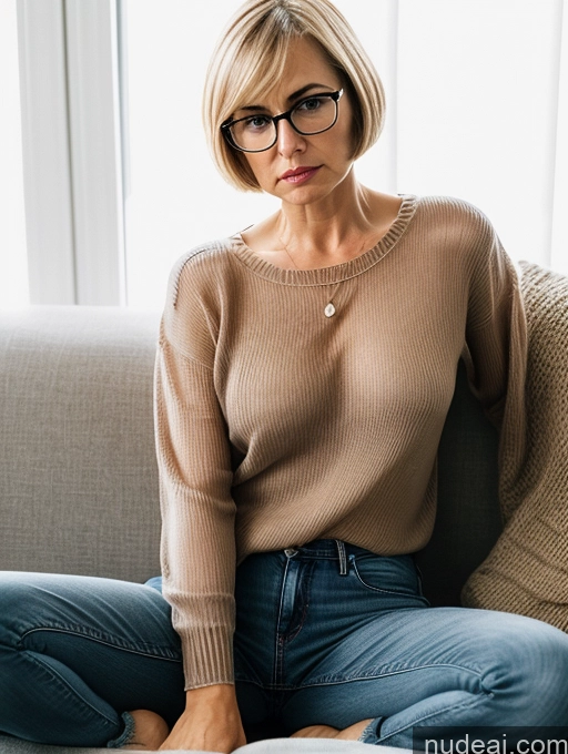 related ai porn images free for Short Small Tits Glasses Blonde Short Hair Angry Serious Czech Jeans Sweater Blouse Transparent Detailed 60s Couch Straddling