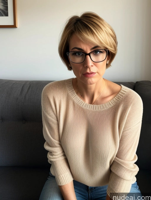 related ai porn images free for Short Small Tits Glasses Blonde Short Hair Angry Serious Czech Jeans Sweater Blouse Transparent Detailed 60s Couch Close-up View
