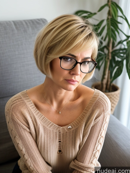 related ai porn images free for Short Small Tits Glasses Blonde Short Hair Angry Serious Czech Jeans Sweater Blouse Transparent Detailed 60s Couch Close-up View Bra