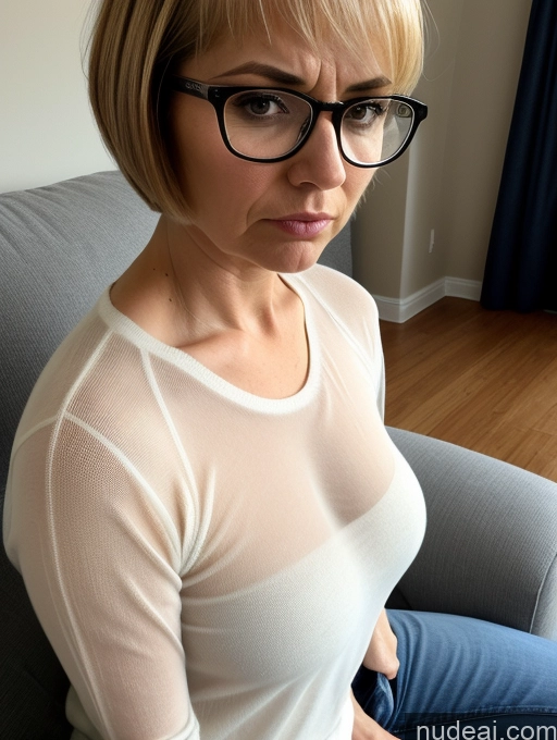 related ai porn images free for Short Small Tits Glasses Blonde Short Hair Angry Serious Czech Jeans Sweater Blouse Transparent Detailed 60s Couch Massage